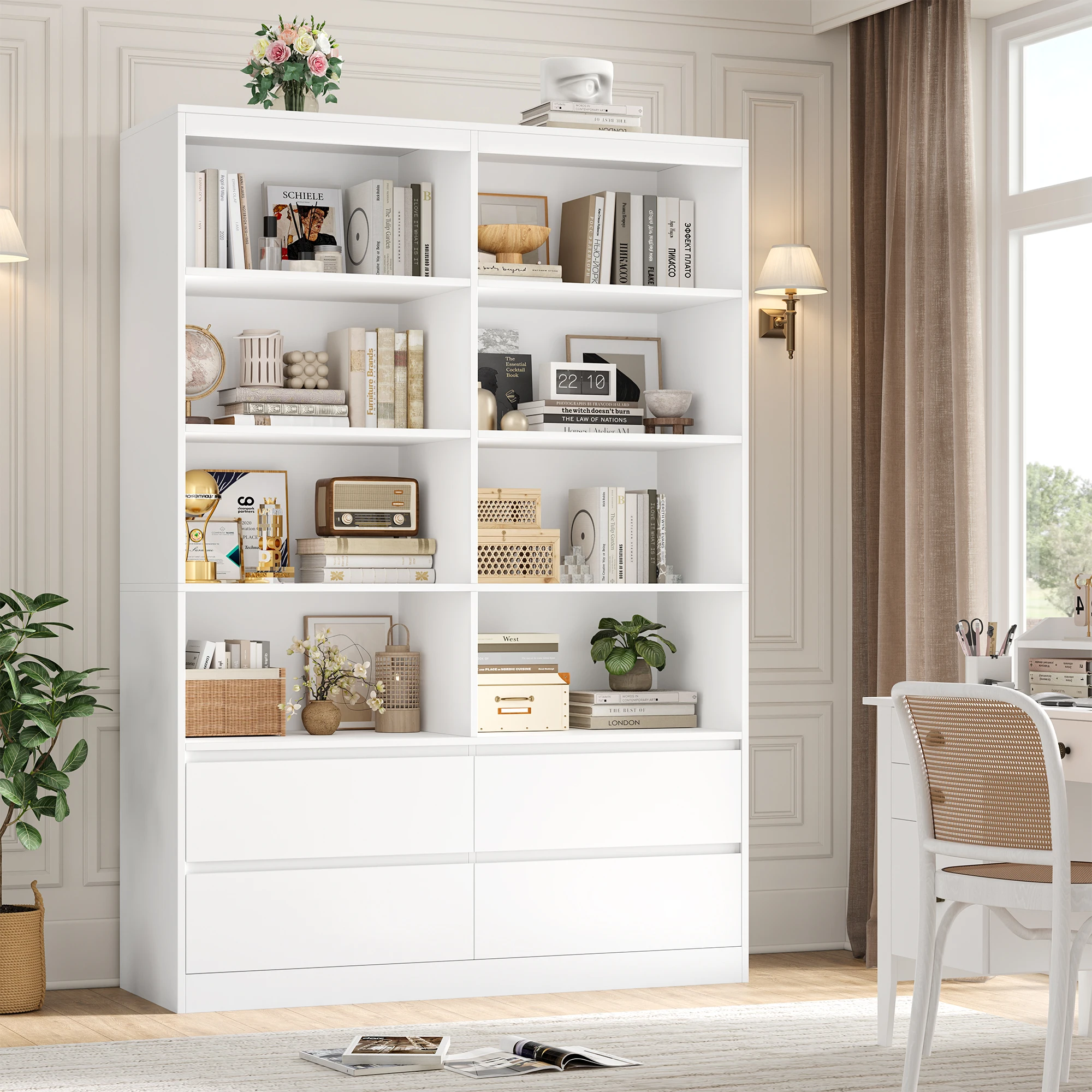 Getone 180 cm Bücherregal Bücherschrank mit 4 Schubladen 8 Fächern, Hochschrank groß,für Wohnzimmer Büro Küche 180x120x30 cm