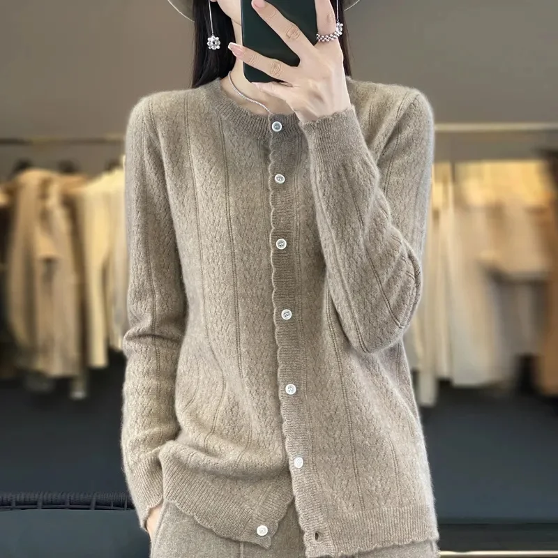 2023100% Pure Wool Cardigan Women's Spring Autumn New Round Neck Hollowed Out Loose Slimming Cashmere Sweater Knitted Thin Coat
