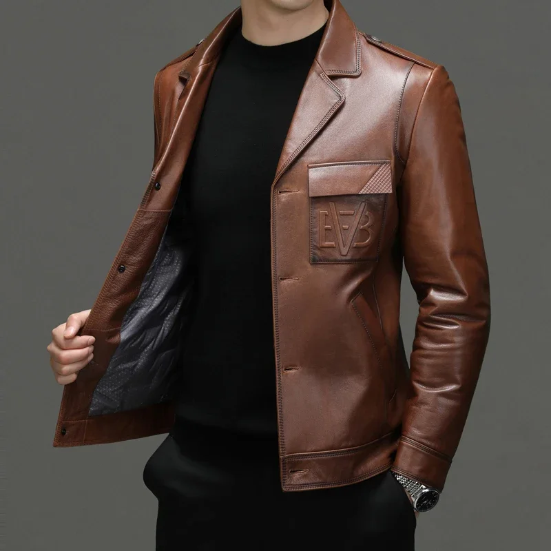 2023 High-quality autumn and winter new men's fashion handsome casual Haining leather suit collar jacket cowhide coat  M-5XL