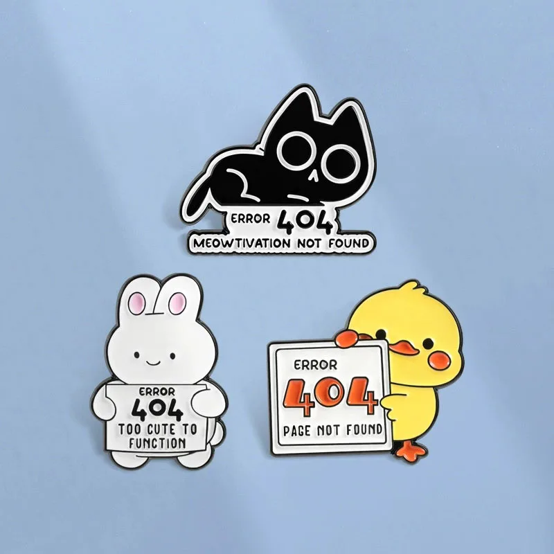 Meowtivation not Found Enamel Pins Animal 404 error page Brooches Cute Cartoon Funny Duck Cat Rabbit Jewelry Gift for Friends