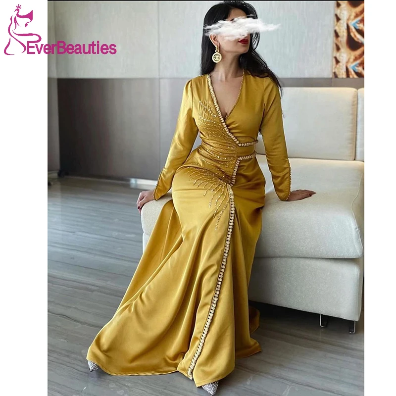 Muslim Evening Dresses Long Luxury 2022 Beaded Moroccan Party Gowns Satin Special Occasion Dresses Algeria Arabic Prom Gowns