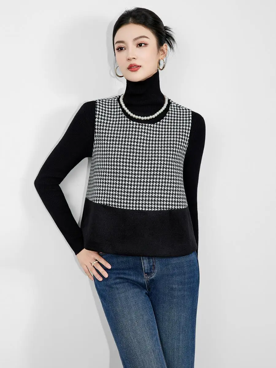 

Модный вязаный жилет-топ с круглым вырезом, женский комплект, осень-зима, высококачественный, с клетчатым узором, для повседневной носки