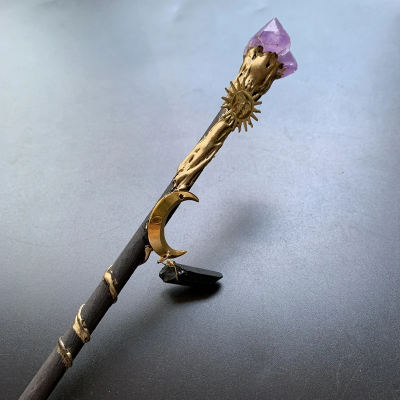 Purple Crystal Wands Scepter Cosplay Resin Amethyst Druzy Point Stick Sun Moon Charms Party Witch Decor Halloween 1pc