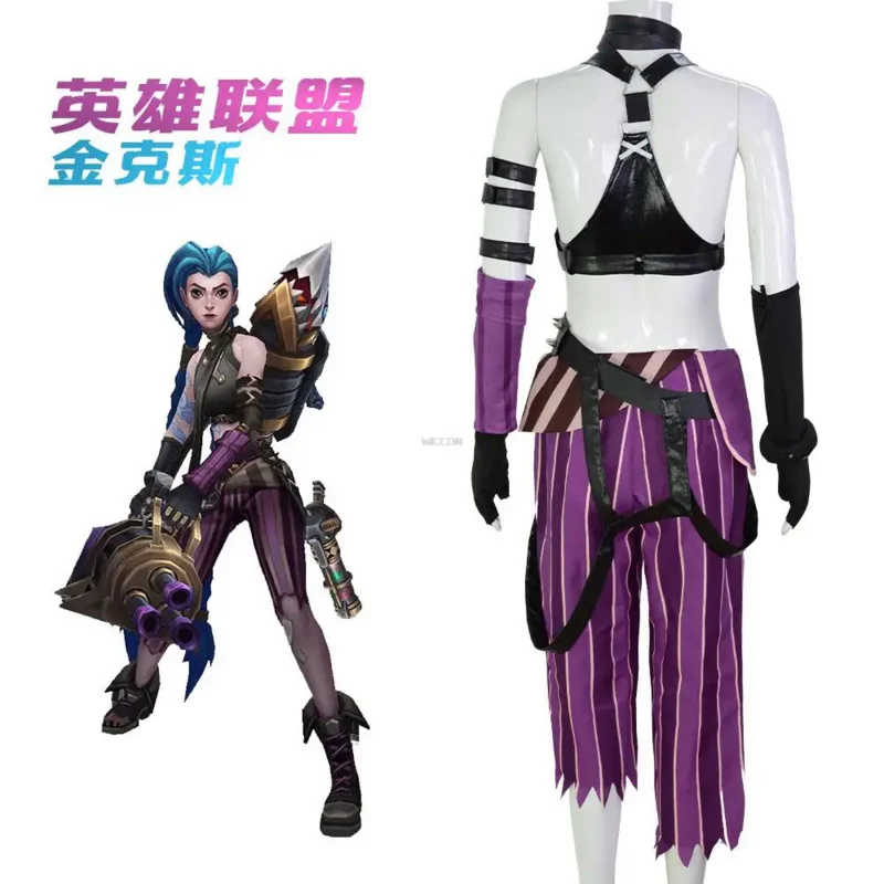 League of Legends Anime Cosplay Fantasias para Mulheres, Biquíni Sexy com Peruca, Jinx Lol, Novo