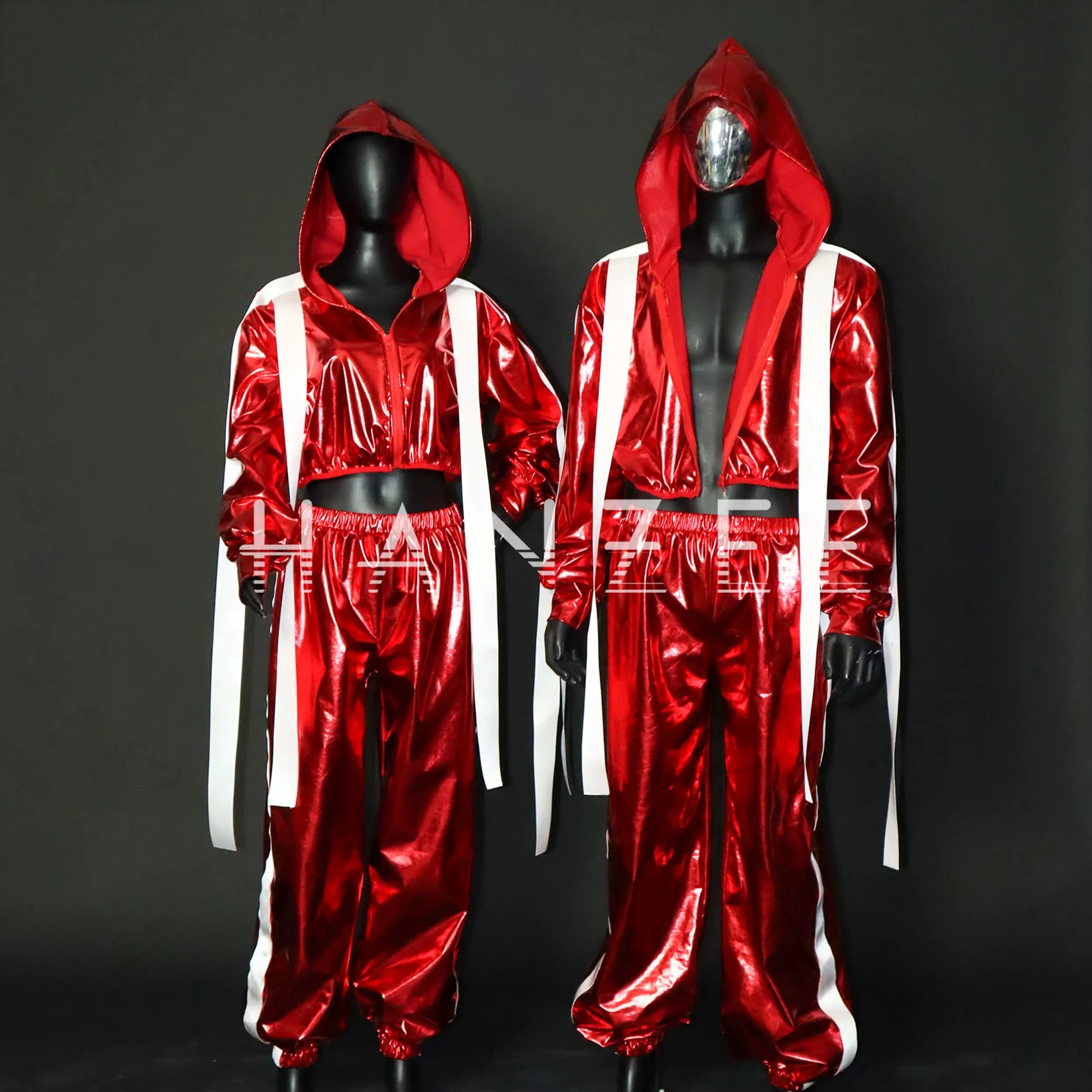 Moda sexy adulto jazz hip hop desempenho traje masculino feminino rua dança equipe conjunto palco wear vermelho laser jaqueta calças 2 peças