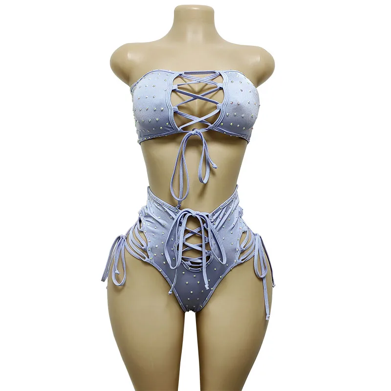 

Hot Girl Two Pieces Exotic Pole Dancewear Rhinestone Nylon Sexy Club Outfit Performance Wear Wholesale Multi Colors New Style