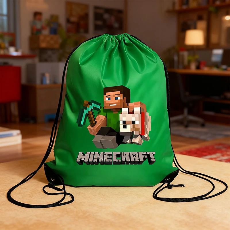 Drawstring Backpack Minecrafted Game Themed Print Waterproof Polyester Handbags student Portable Garment Storage Bags Gift Bag