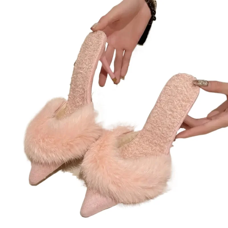 

Woman Short Plush Lined Closed Toe Slides Shoes 2026 Spring Faux Fur Mules Slippers Women Pointed Slip-On Thin Heels Sandals