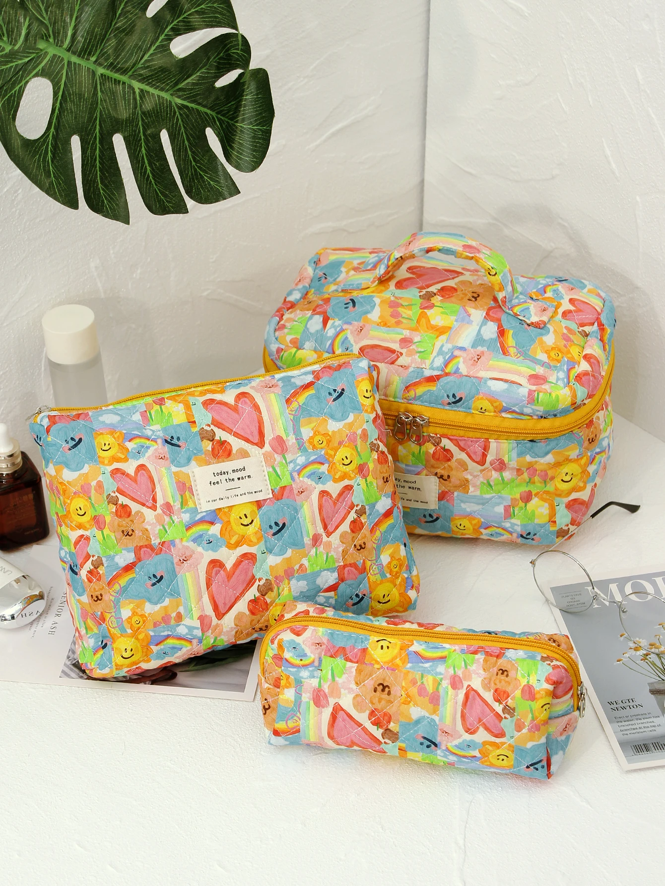 3Pcs/Set Quilted Makeup Bag Set Cotton Floral Makeup Bag In Different Sizes, Zip Closure Aesthetic Toiletry Bags Cosmetic Bag Se