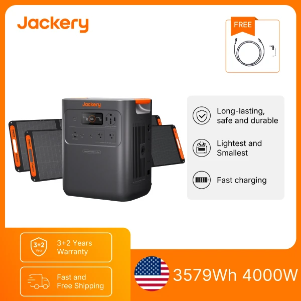 Jackery HP3600 Pro Max 3579Wh LiFePO4 Portable Power Station, 3600W Solar Generator, 2000W 120V / 4000W 240V Output with 2x 200W Solar Panels and 5m Extension Cable for Home Backup RV Camping