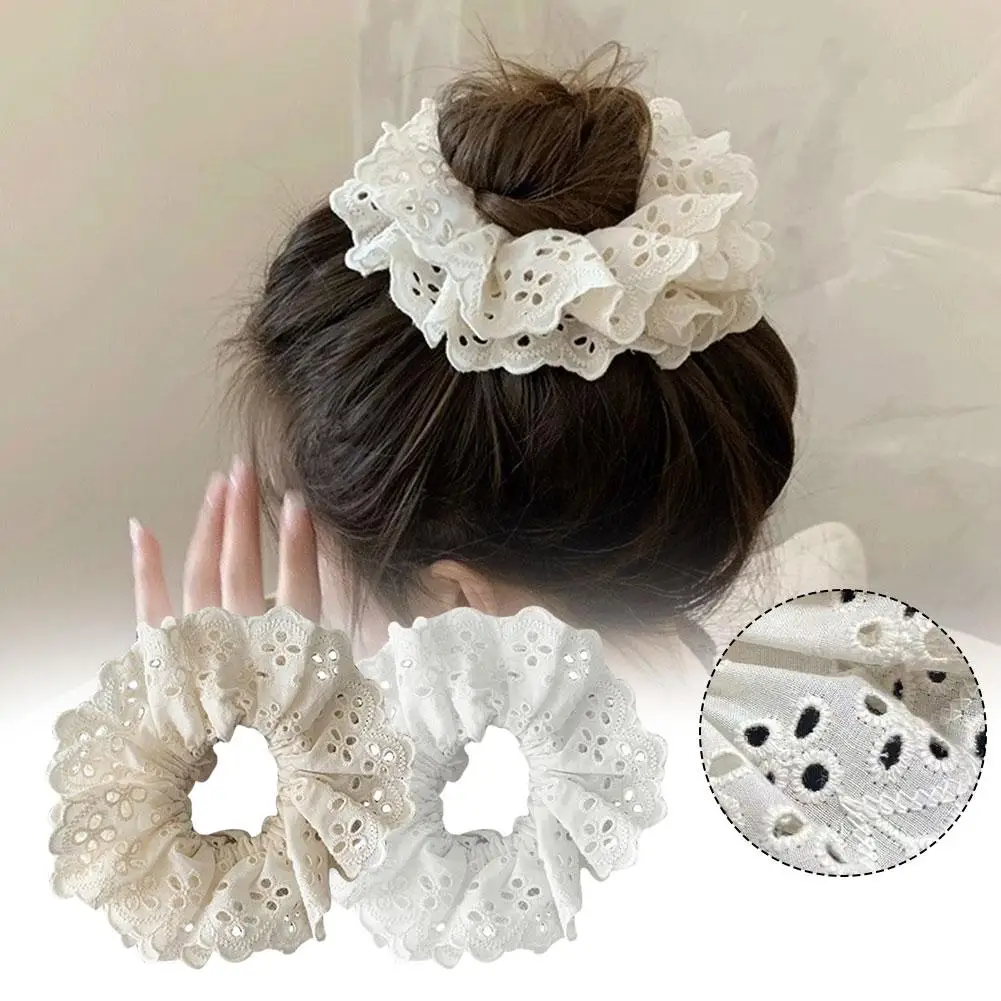 Korean Embroidery Hollowed Lace Ruffled Double-layer Scrunchie For Women Girls Lolita Elegant Ponytail Headwear Hair Access K4p5