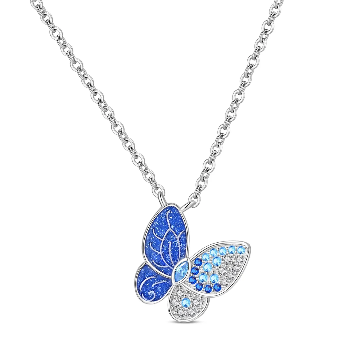 S925 Sterling Silver Starry‑Sky Blue Enamel Butterfly Pendant Necklace Clear CZ Paved Insect Chain Necklace Jewelry Gift