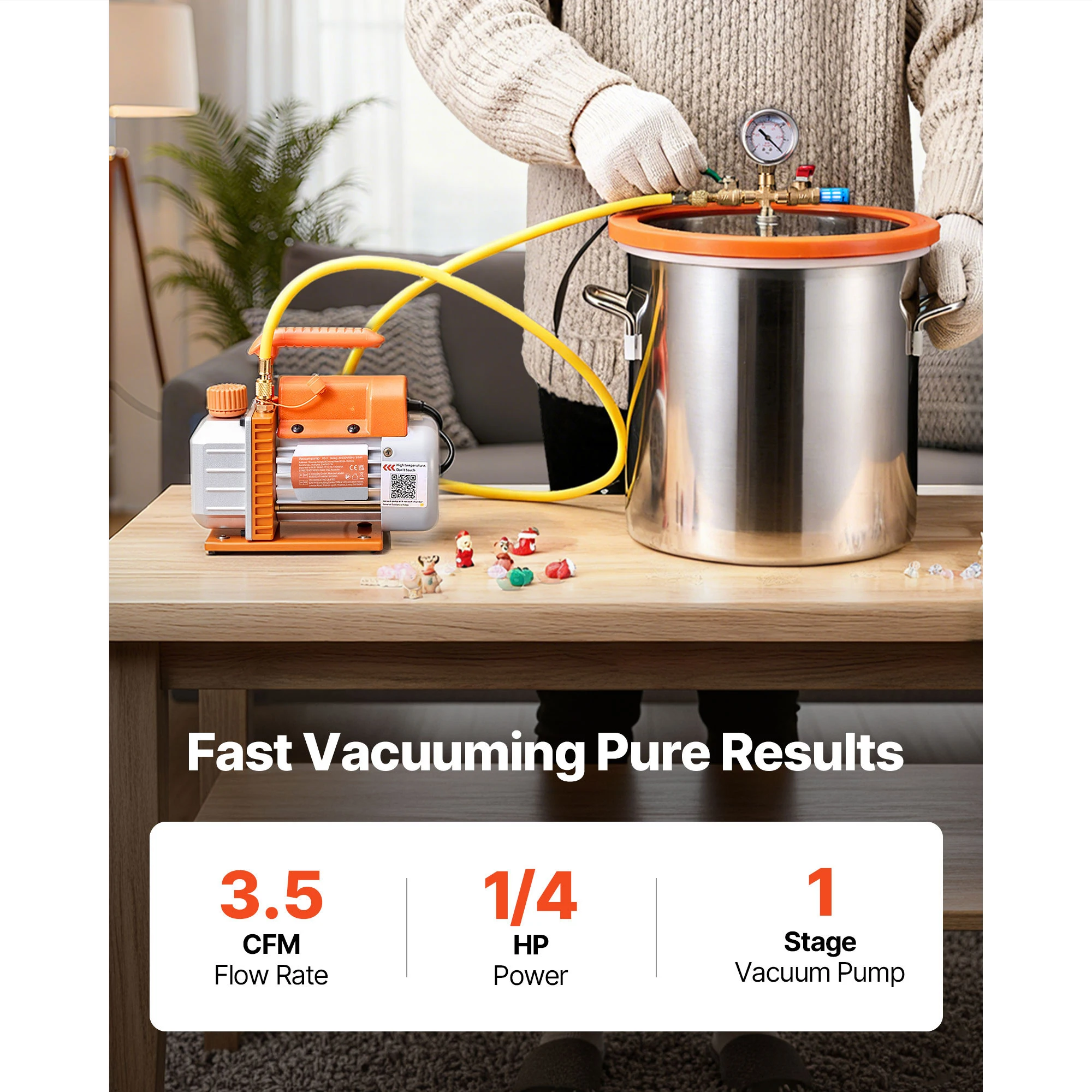 5 Gallon Vacuum Chamber with Pump, 3.5 CFM, 5 ft Hose, Single Stage Vacuum Pump, Stainless Steel Degassing Chamber Kit with Tempered Glass Lid, Designed for Stabilizing Wood Degassing Silicone Resin