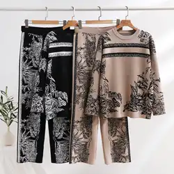 Women Printed Vintage Two Piece Sets Auutmn Winter Loose Long Sleeve Sweater and High Waisted Straight Pants Knitted Suits