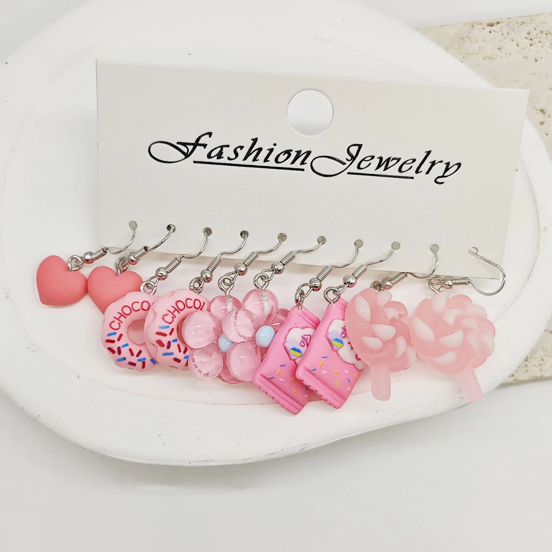 New Fashionable, Fresh, Sweet Resin Simulation Food Play, Donut Snacks, lollipops, Pink Earrings and Earrings Set