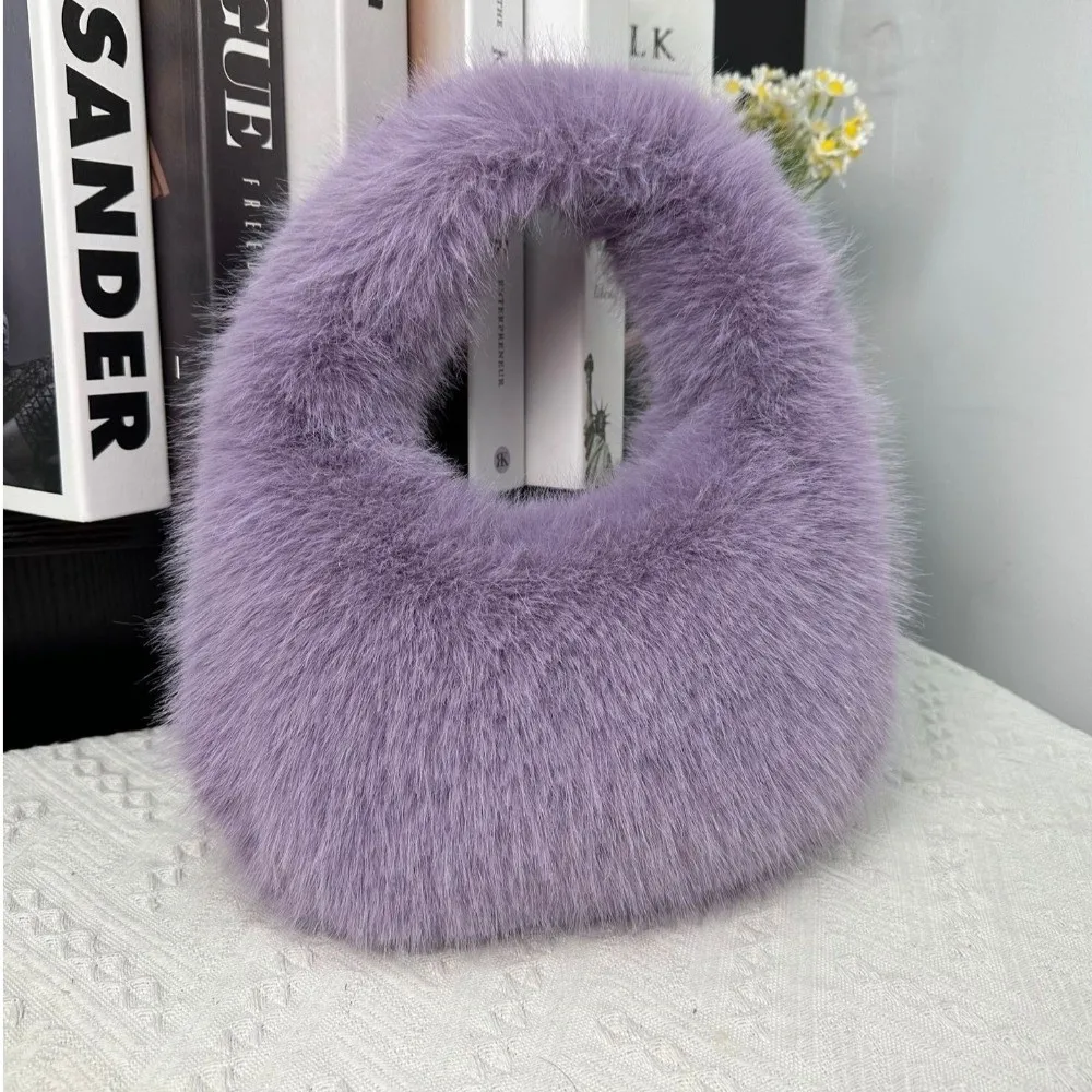 

Luxury Soft Half Moon Bag Faux Fur Party Clutch Bag Lady Handbags Female Winter Purse Fluffy Casual Tote Bag