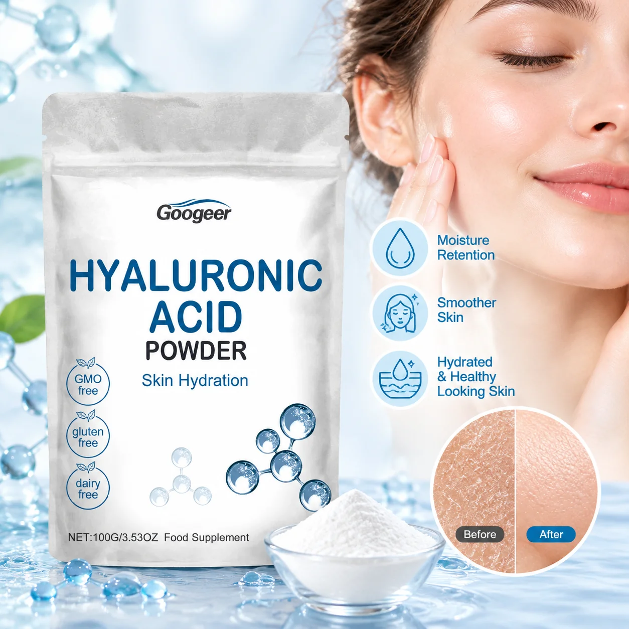 Skin Hydration Powder for Dry, Rough Skin, Moisture Retention & Softness with Soy Protein Isolate, Non-GMO, Dairy-Free, 100g