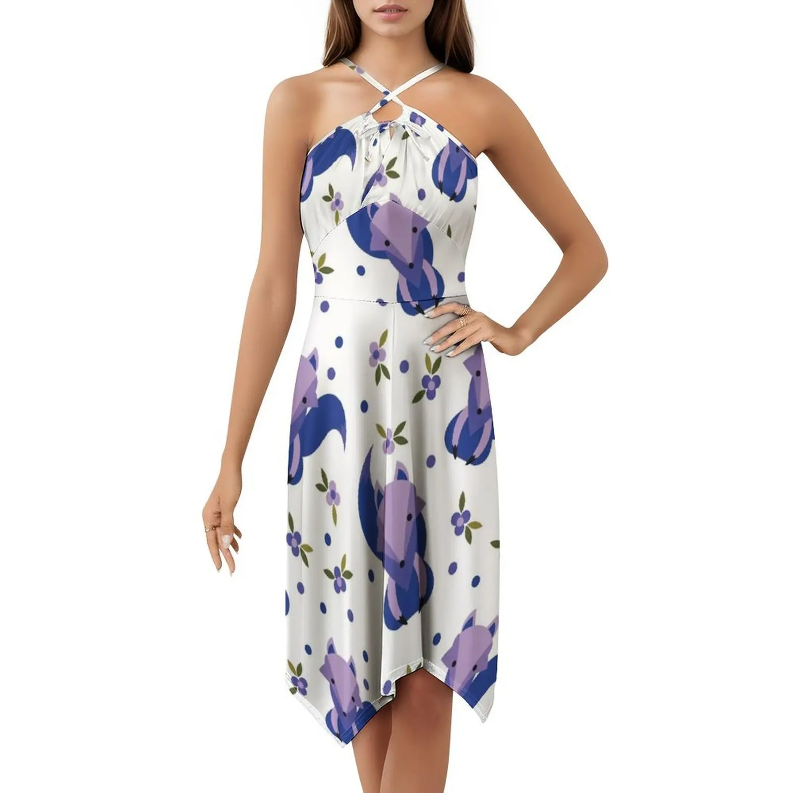 Cute Purple Fox And Pretty Floral Pattern Sexy Vacation Dress For Women Beach Party Birthday Mini Dress Purple Fox Flowers Fox