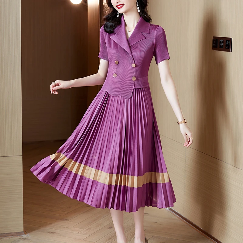 

Elegant Women Notched Collar Pleated Midi Dress 2024 New Miyake Summer Purple Hit Color Striped Double-Breasted Elastic Clothes