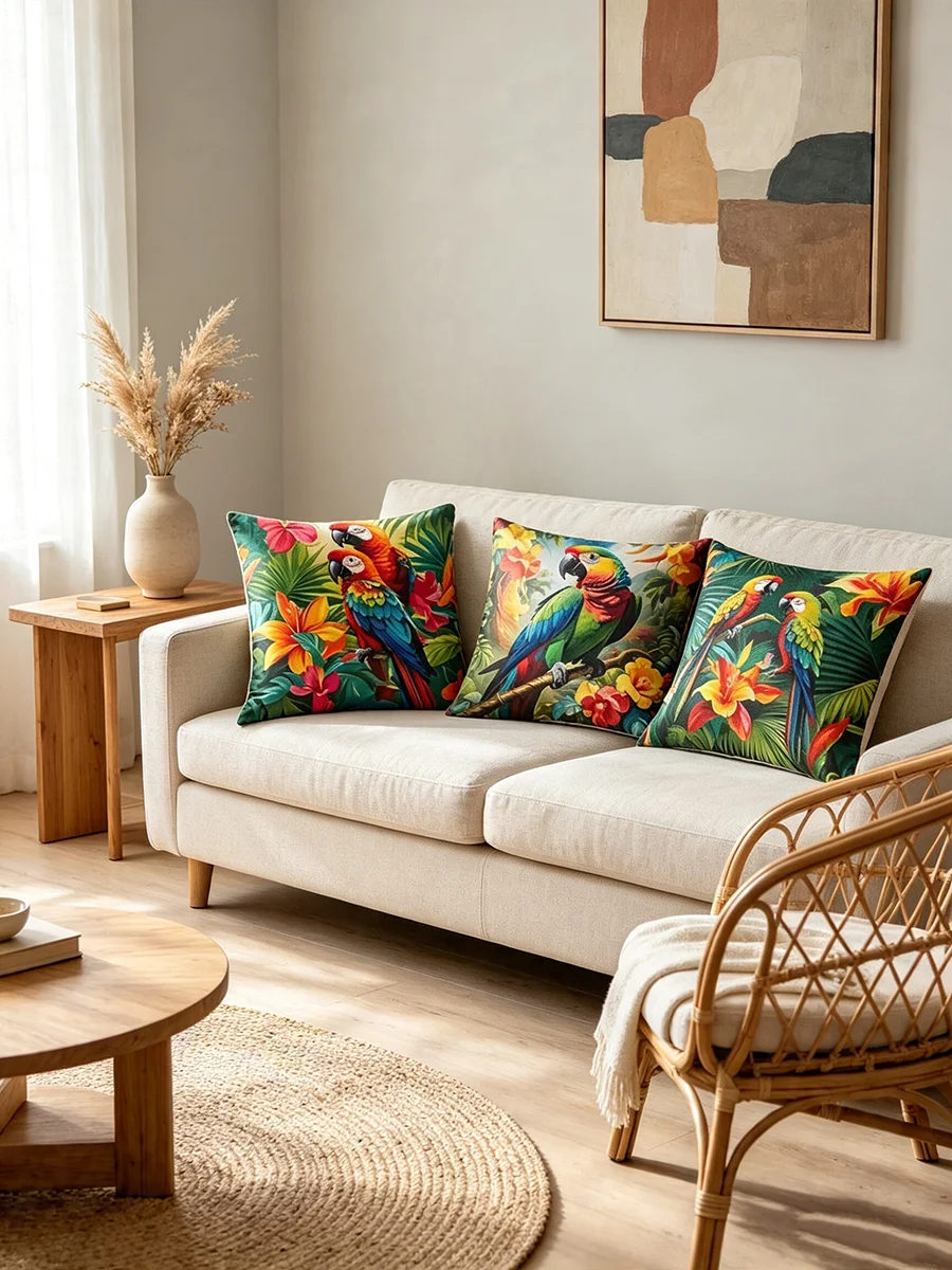 Tropical Parrot Pillowcases Set of 4 Vibrant Colorful Bird Pattern Decorative Throw Pillow Covers for Sofa Patio Home Decor
