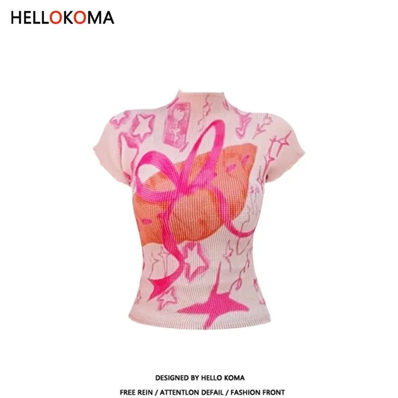 Damskie obcisłe T-shirty z krótkim rękawem, koszulki tie-dye, elastyczne crop topy, Goblin Core, styl coquette z lat 2000, estetyka Gyaru, Kpop, Kawaii, lato