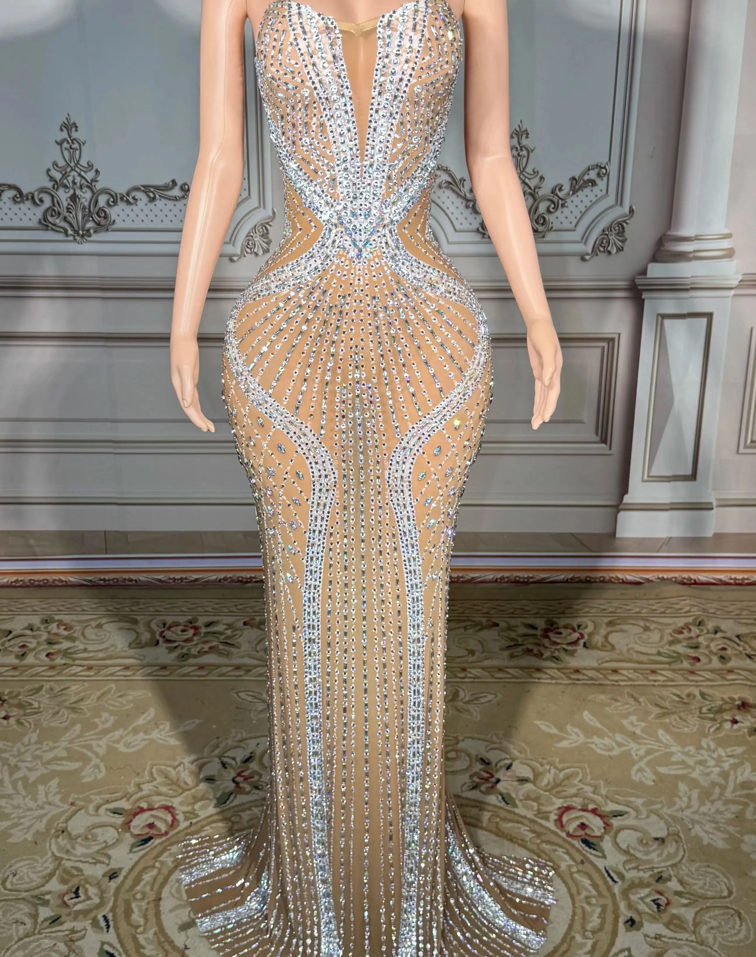 ZD Abito da sera di lusso da donna con cristalli scintillanti Abito lungo fino al pavimento in rete trasparente per cocktail, discoteca, ballo di fine anno