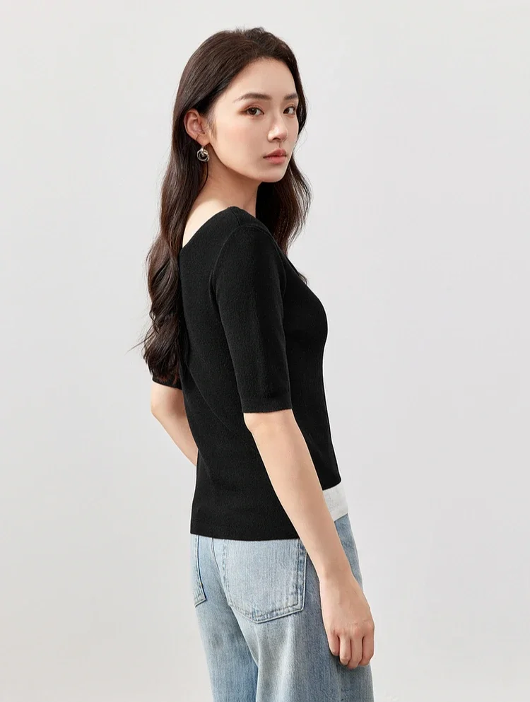 

SENTUBILA 2025 Summer Women fashion Knitted Pullovers Spliced 2 In1 Slim Fit O Neck Short Sleeve Tops Women's clothing W51E58631