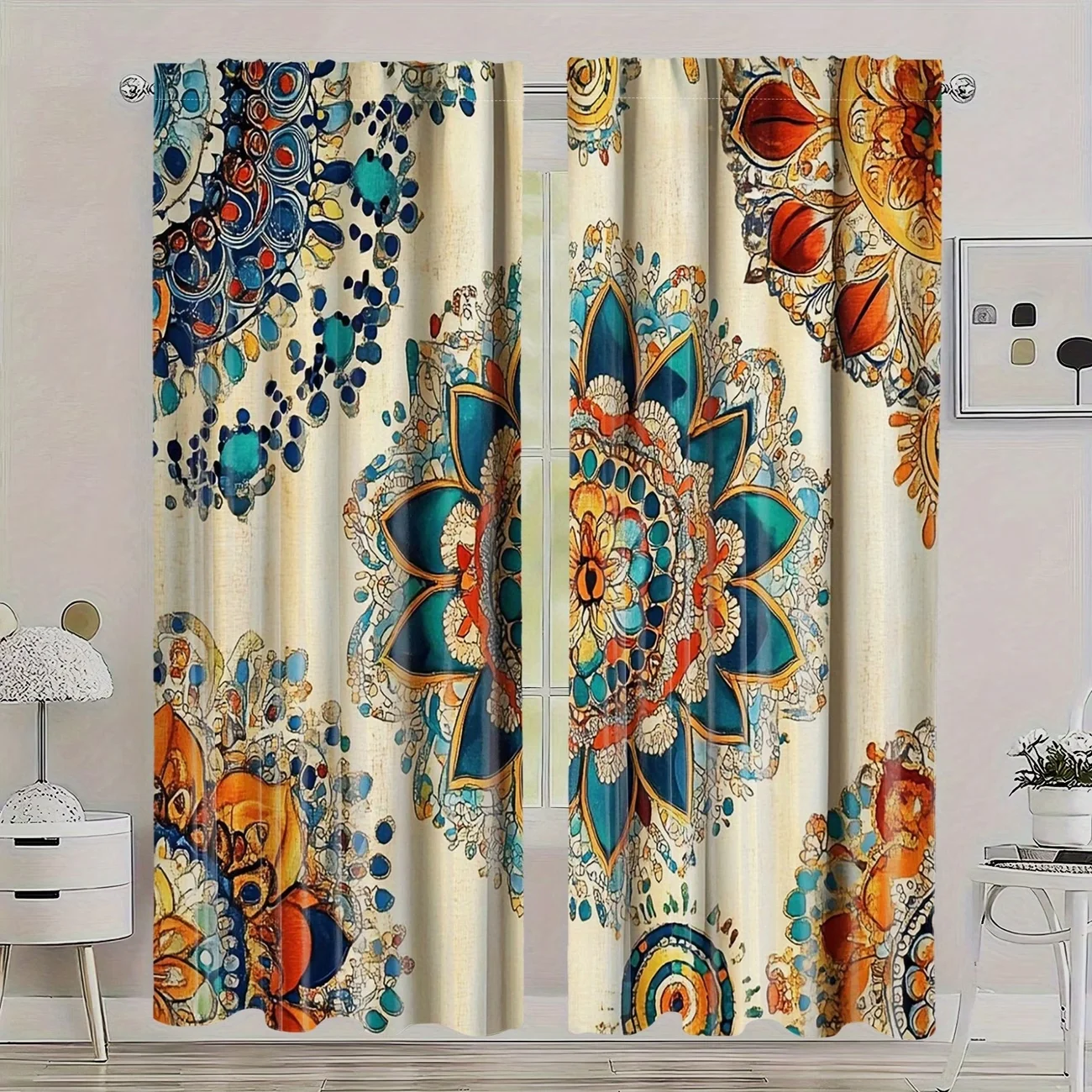 2PC Bohemian Mandala Curtains - Abstract Watercolor Floral Print Window Drapes for Living Room Bedroom Decor