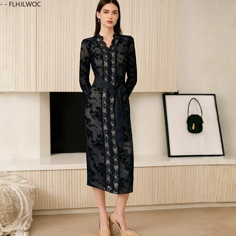 Hollow Out Black Lace Dresses New Fashion Woman Evening Elegant Office Lady European Retro Vintage Long Basic Shirt Dress