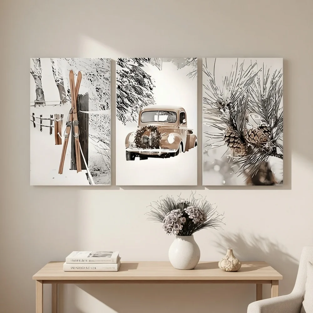3pcs, Canvas painting--Unframed, black and white photo of car in the snow, Artist Drawing Set, bar, office, perfect birthday,