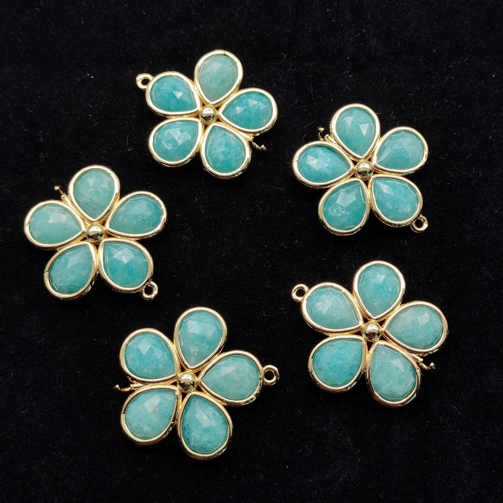 

5 Pcs Green Amazonite Flower Shape Gemstone Connector Gold Color For Jewelry DIY