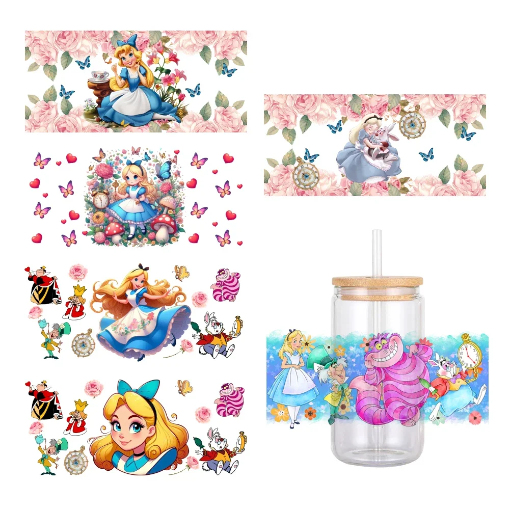 Pegatinas de transferencia impermeables MINIS Disney Alicia en el país de las Maravillas UV DTF, pegatinas de envoltura de taza de vidrio, 11x24cm, 16oz