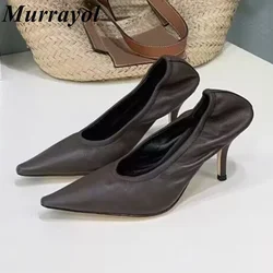 Women Solid Color Shallow Mouth Pumps Pointed Toe Genuine Leather Kitten Heel Single Shoes Summer Wrinkle Design Office Shoes