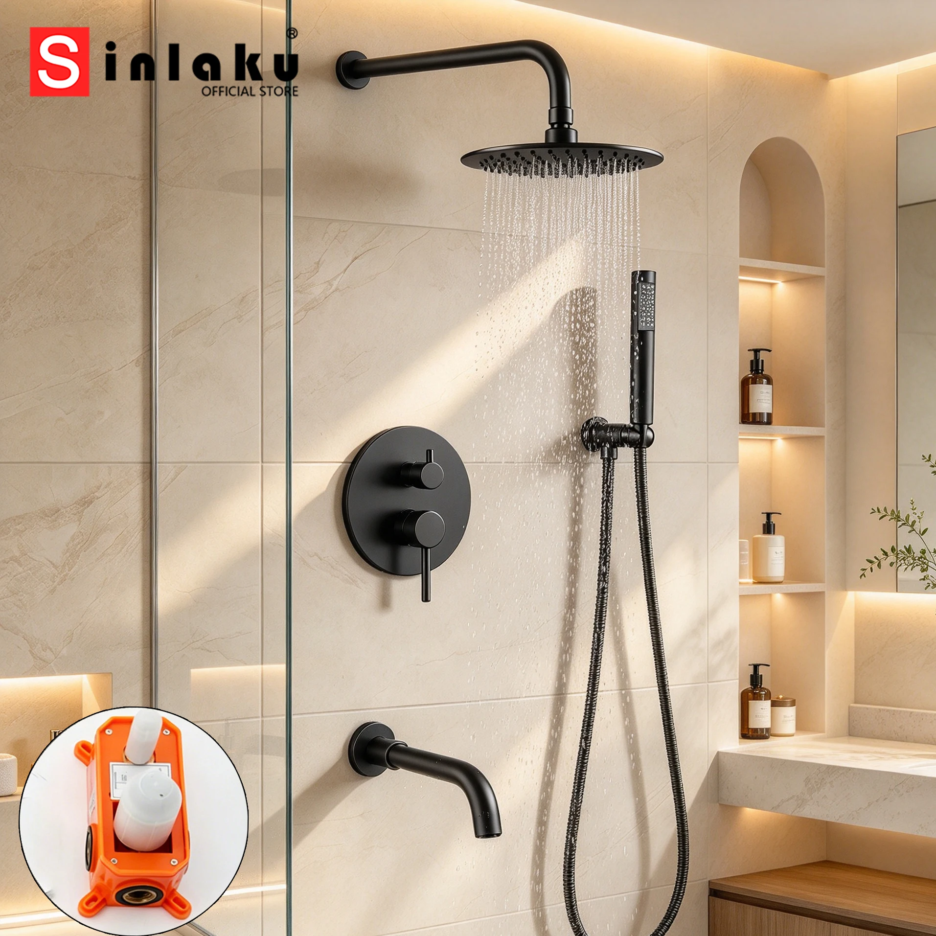 SINLAKU Luxury Black Shower Faucet Set With Bathroom Rain Shower Head Outdoor Shower System Set Complete Bathtub Kit Mixer Tap