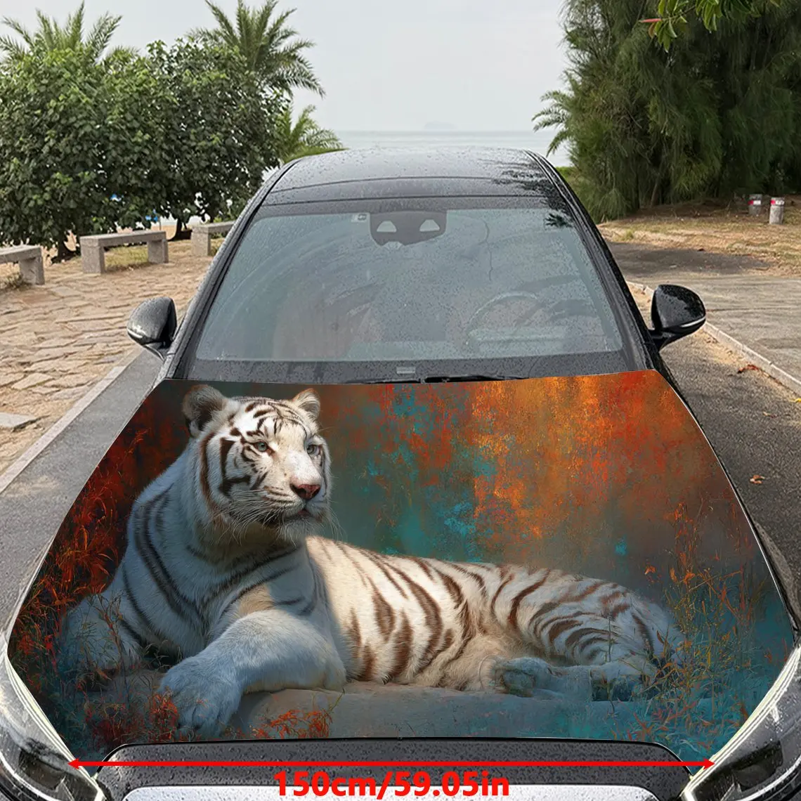 Car Decals A White Tiger Delivering Graceful Posture And Artistic Flair In A Vibrant, Color - Washed Composition Car Hood Sticke
