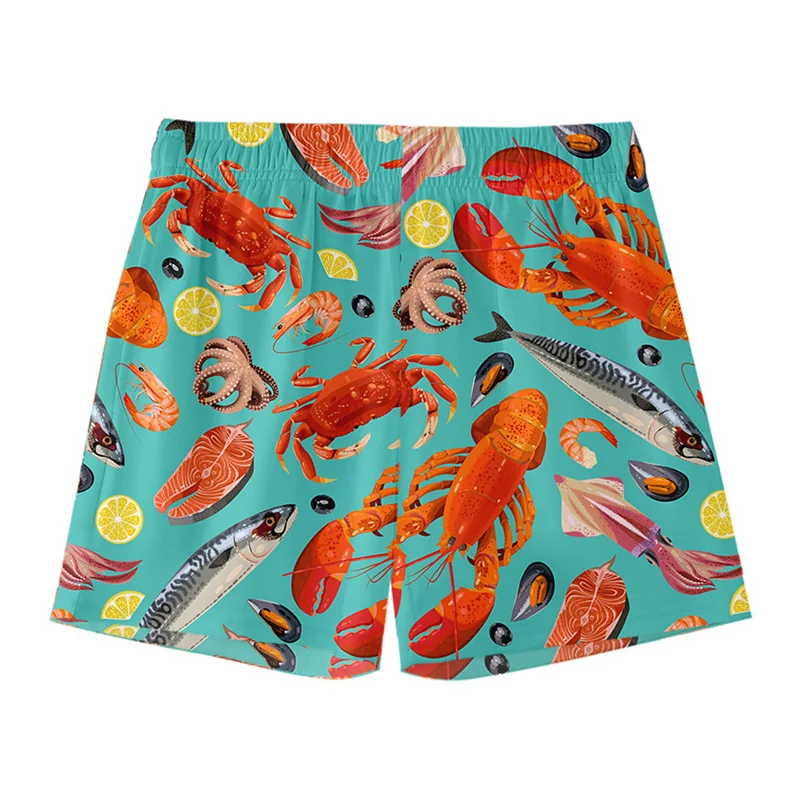 Cartoon Seafood Crab Shrimp Fish 3d Print Beach Shorts For Men Summer Street Short Pants Surf Board Shorts Loose Swim Trunks