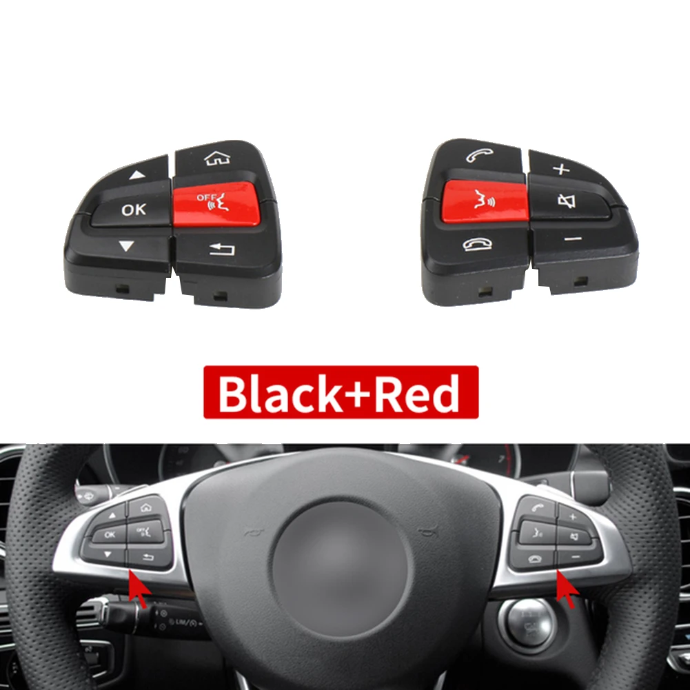 Left+Right Car Multifunction Steering Wheel Switch Button for Mercedes-Benz C-Class W205 GLC W253 2015-2021 Black+Red