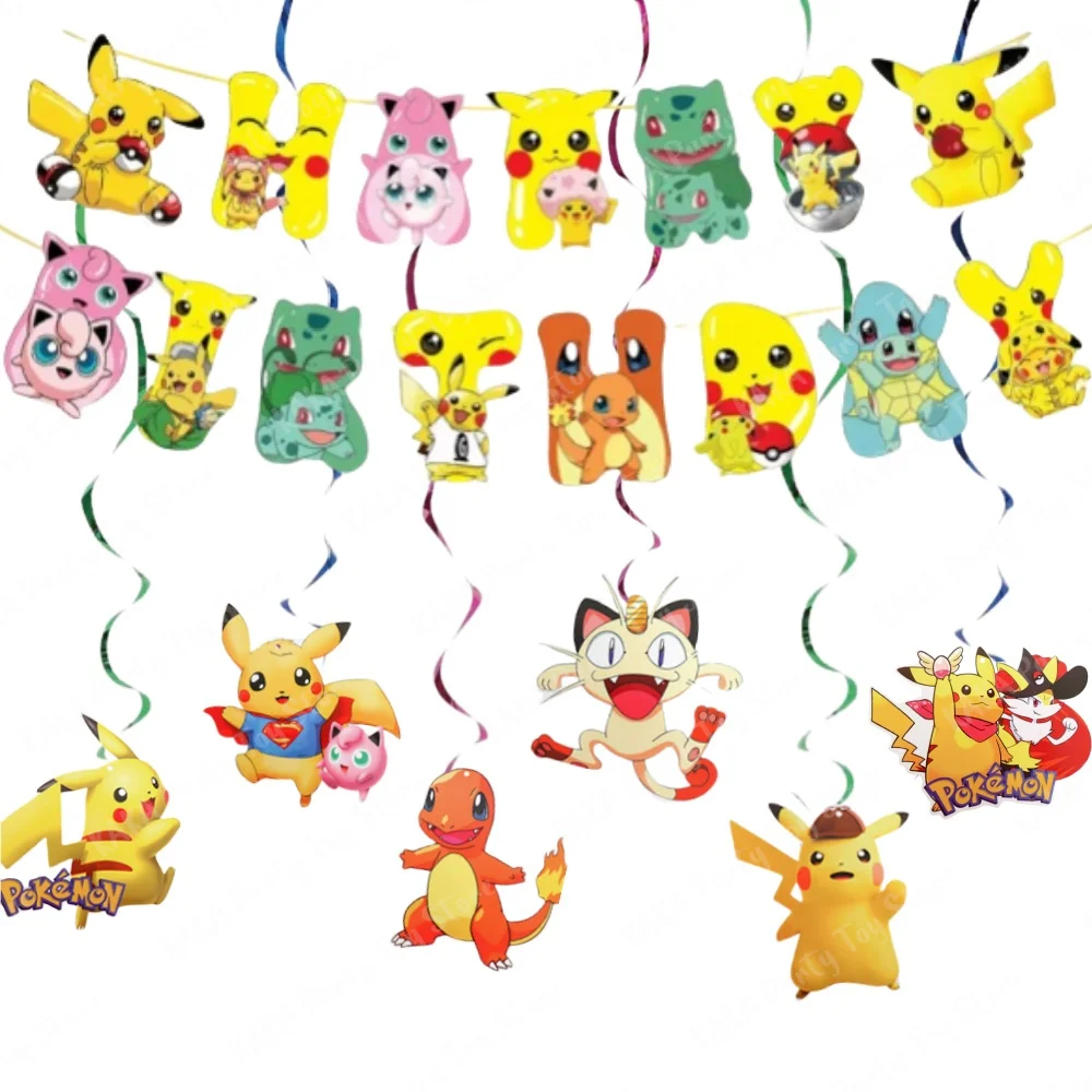 Pokemon Birthday Decoration Set Cartoon Anime Pikachu Paper Banner and 6 Hanging Swirls for Kids Boys Baby Shower Party Supplies