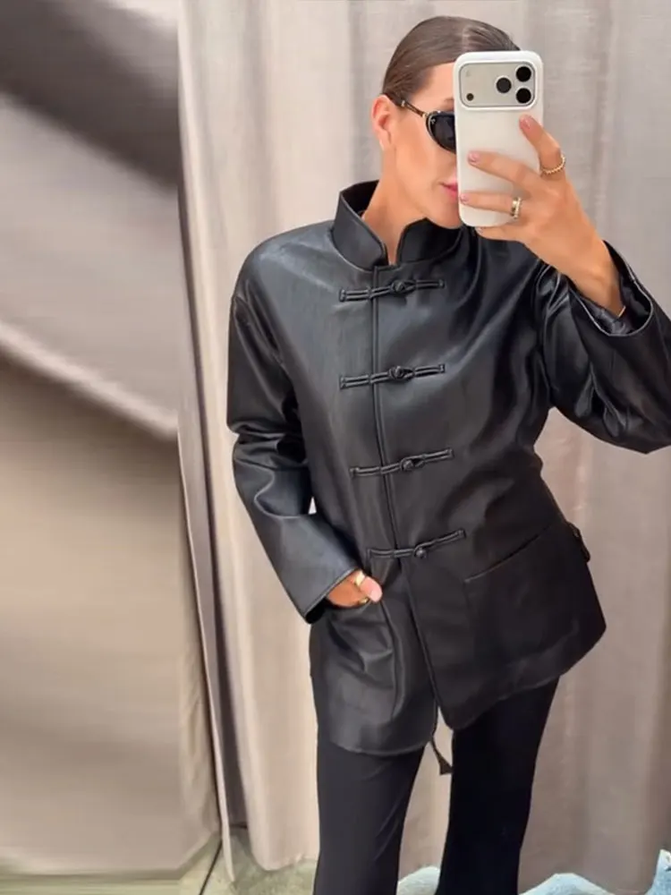 Damen Kunstlederjacken mit Stehkragen, Froschknöpfen und Gürtel, Streetwear, Langarm, Einreihig, Lockere Oberbekleidung – Detail 28
