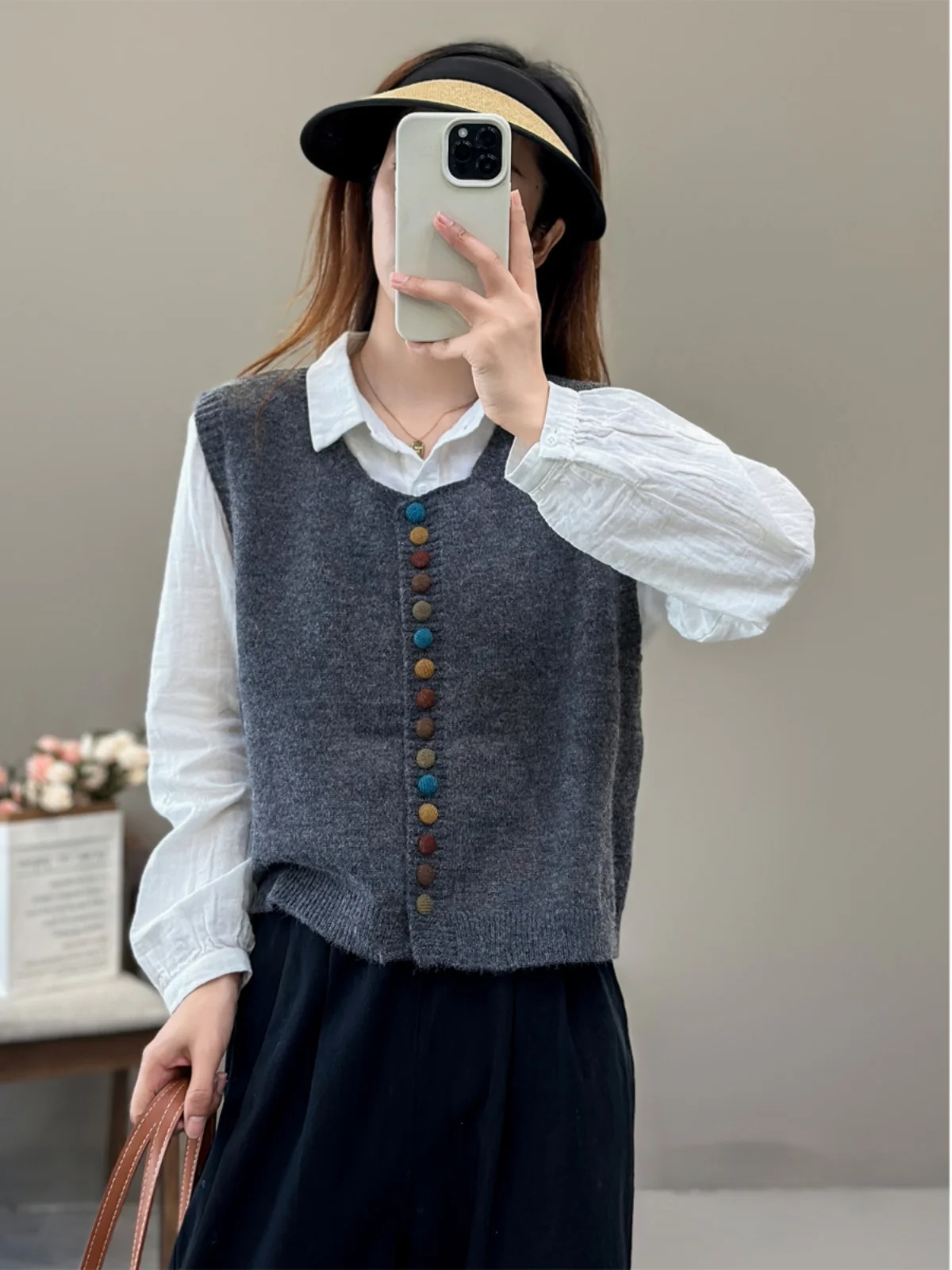 레트로 슬리 레인보우 버튼 니트 조끼 울 겨울 라운드 넥 다용도 레이어링 오픈 가디건 탑 여성용