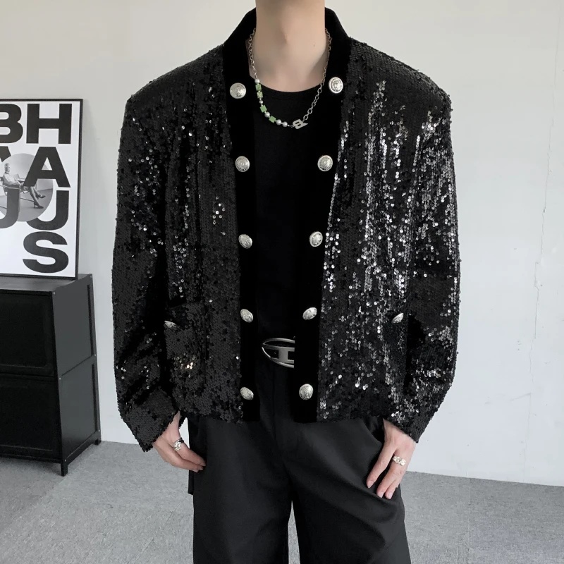 2025 Stage Performance Concert Short Cardigan Men's Sequined Suit Jacket Trendy Double Breasted Party Banquet Streetwear Jackets