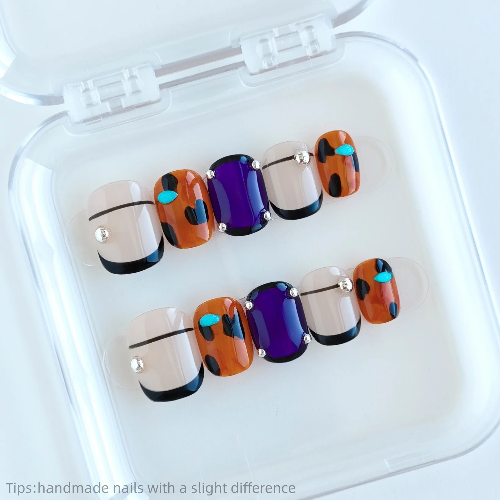 

10 шт., ручной работы, цветной блок, коровья узор, пресс для дизайна ногтей, 2026, модные квадратные носимые блестящие накладные ногти INS