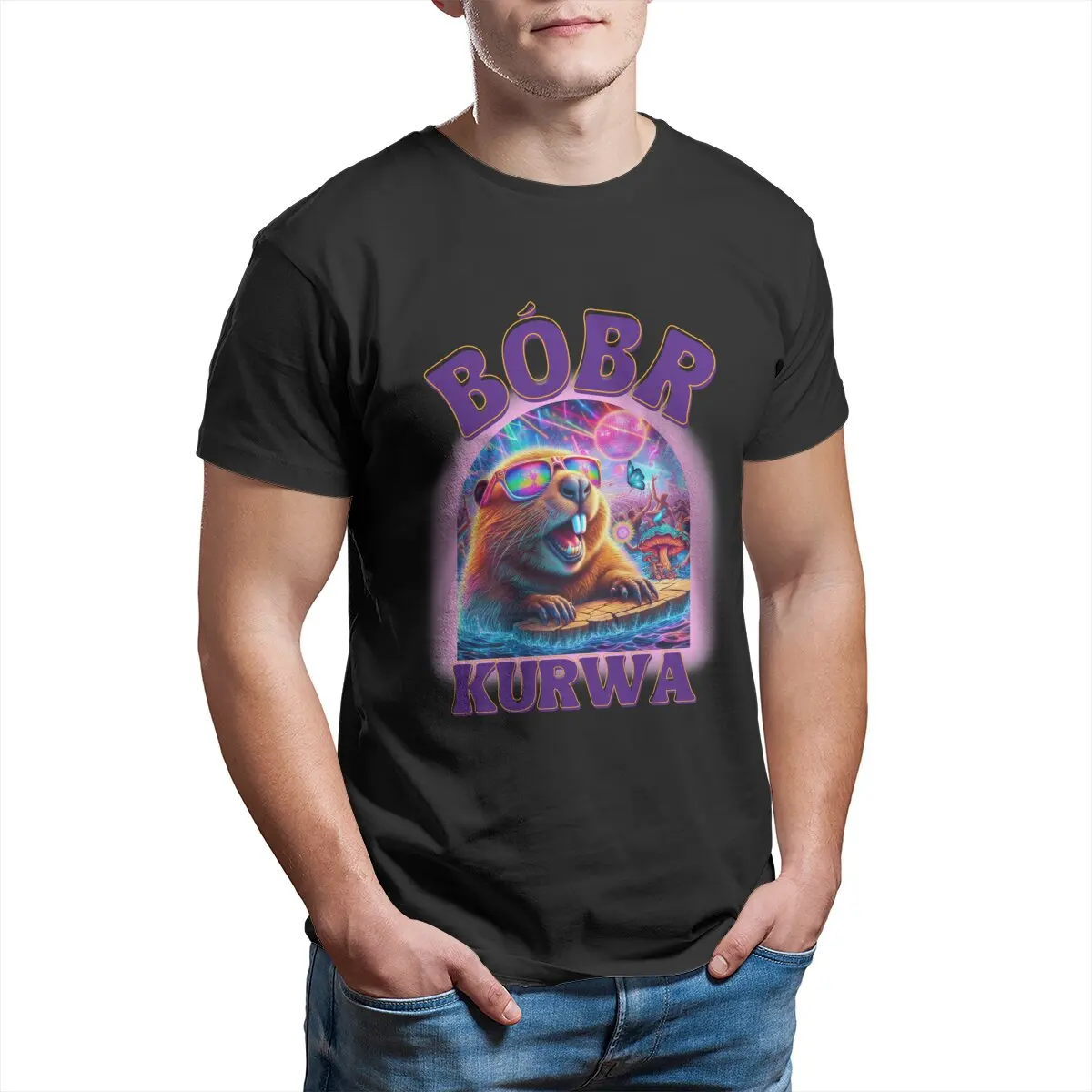 

Bóbr Kurwa The Rave Beaver Funny beaver rave shades mushrooms psychedelic Unisex T-Shirt for Men Cotton Tee summer Clothing