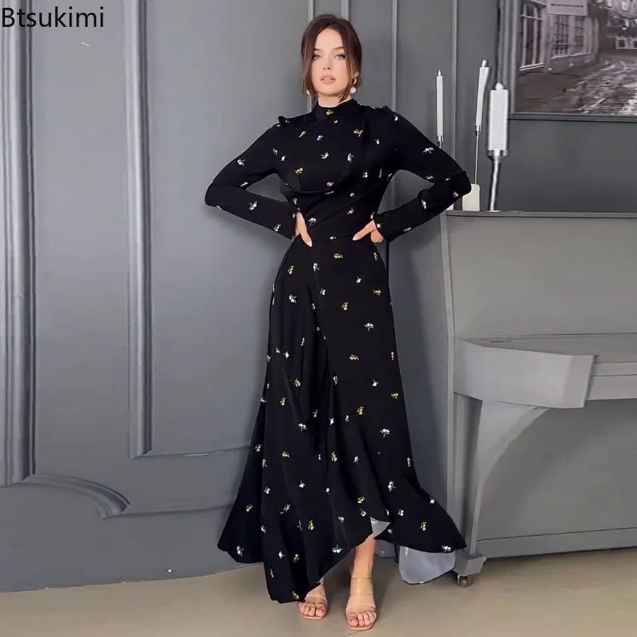 2024 Spring Pretty and Elegant Women Long Dresses Muslim Long Sleeve Flounced Edge Print Maxi Dress Abaya Dubai Arab Kaftan Robe