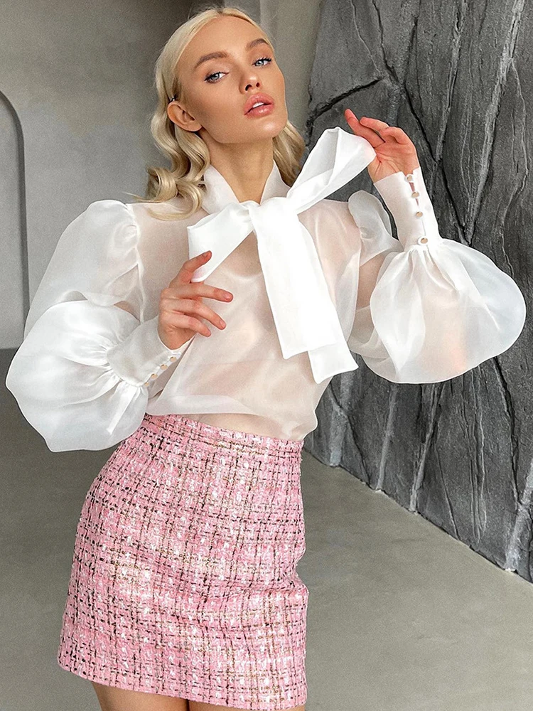 Perspective Mesh Shirt Women Elegant Sexy See Through Blouses Puff Sleeve Bow Lace Up Tops Office Lady Solid Casual Thin Blouse