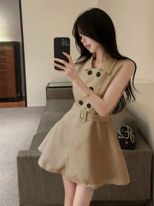 레트로 시크 허리 조임 민소매 폴로 칼라 드레스 더블 버튼 A라인 미니 스커트 우아한 고급 여름 패션 여성 드레스