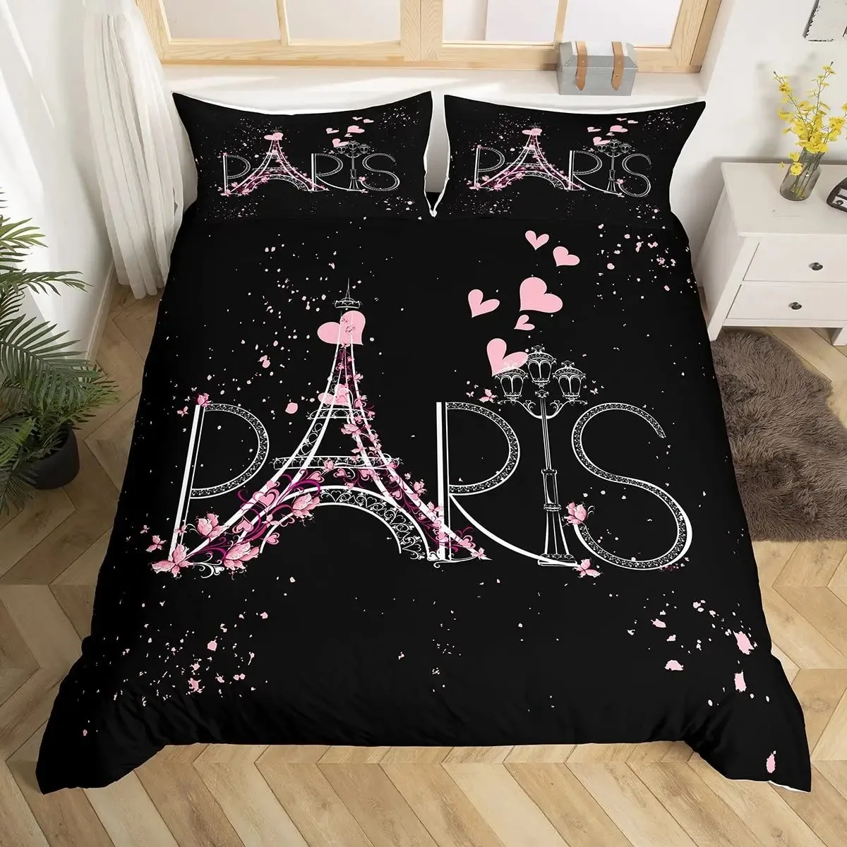 

Paris Duvet Cover Set Queen Size Eiffel Tower Bedding Set Girls Black and Pink Paris Comforter Cover Romantic French Quilt Cover