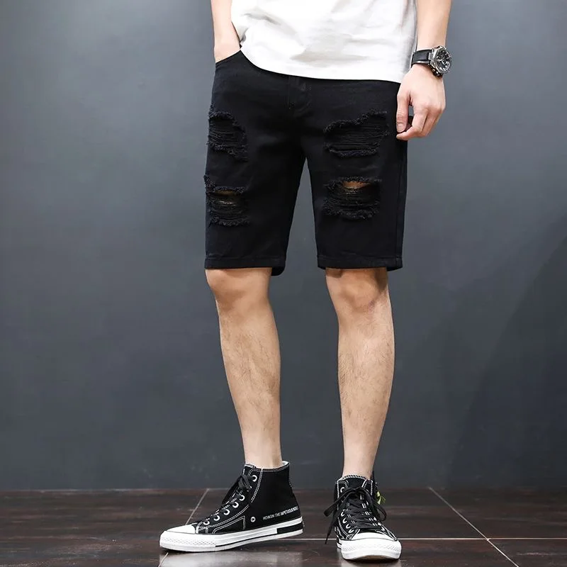 2024 Summer New Fashion Ripped Solid Color Denim Shorts Men's Casual Slim Comfortable Breathable High Quality Plus Size Shorts