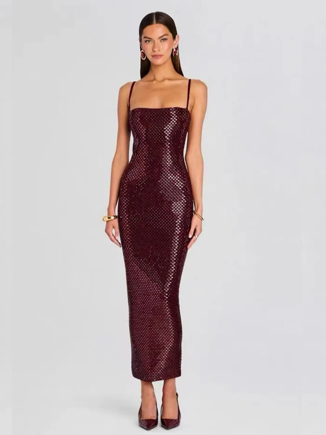

Ele Diamond Embellied Svel Long Dr Women's Faion High Waist Slim Fit Red Evening Gown for Par And Wedding
