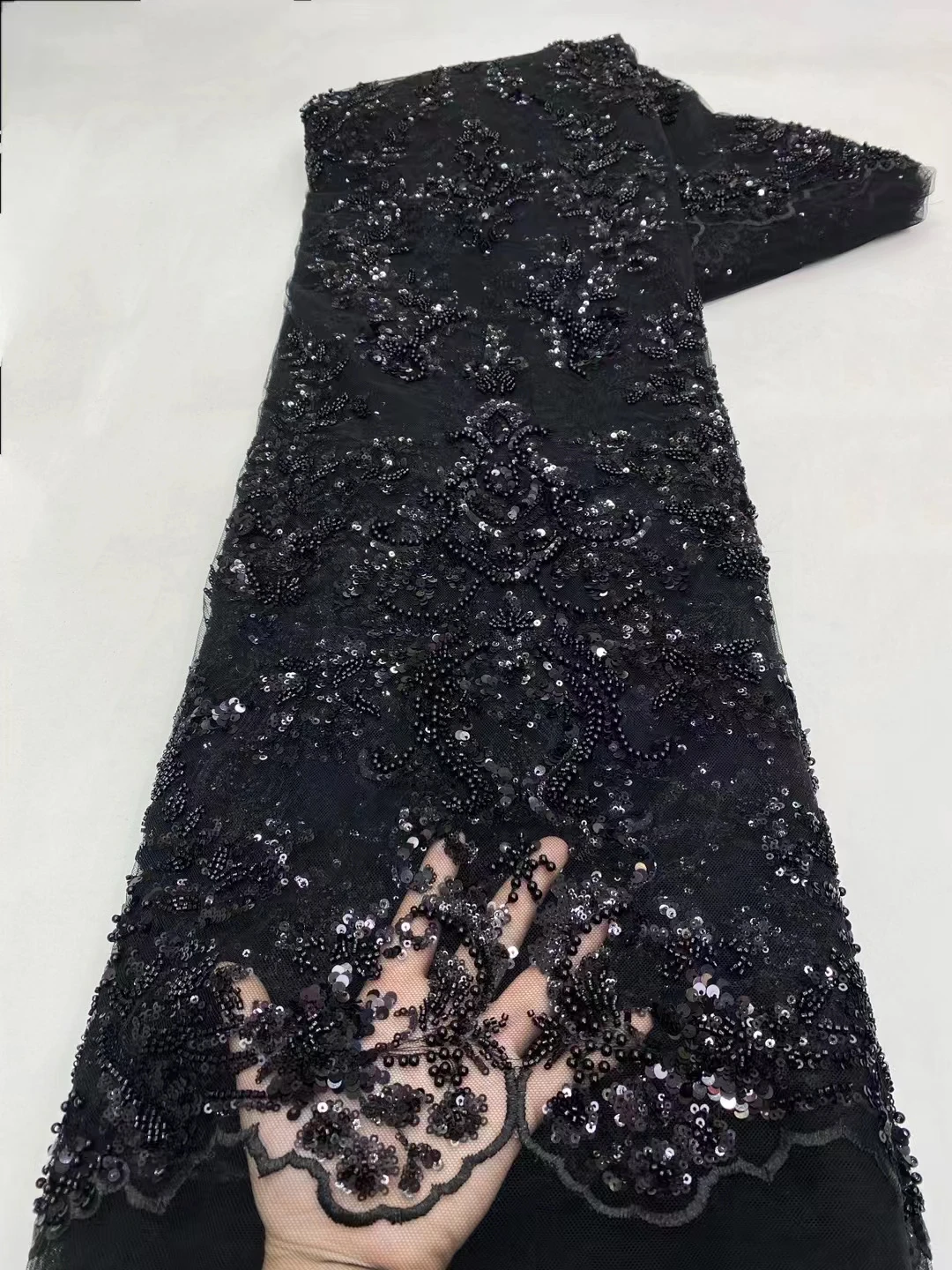 

Beaded Tulle Lace Fabrics For Party Dresses 5 Yards 2024 High Quality Heavy Handmade Beads Black Nigeria Sequined Mesh Xc